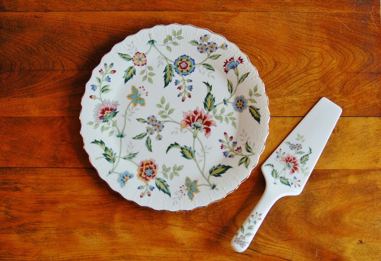 Porcelain Floral Cake Plate and Server Set, Buckingham Pattern Andrea