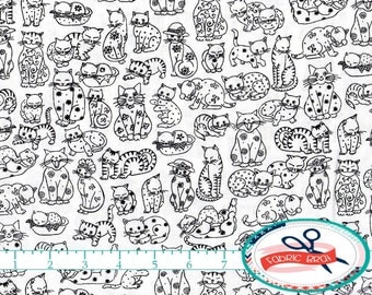 CAT Fabric by the Yard, Fat Quarter BLACK & WHITE Fabric Doodle Cats Kitten Fabric 100% Cotton Fabric Quilting Fabric Apparel Fabric w1-2