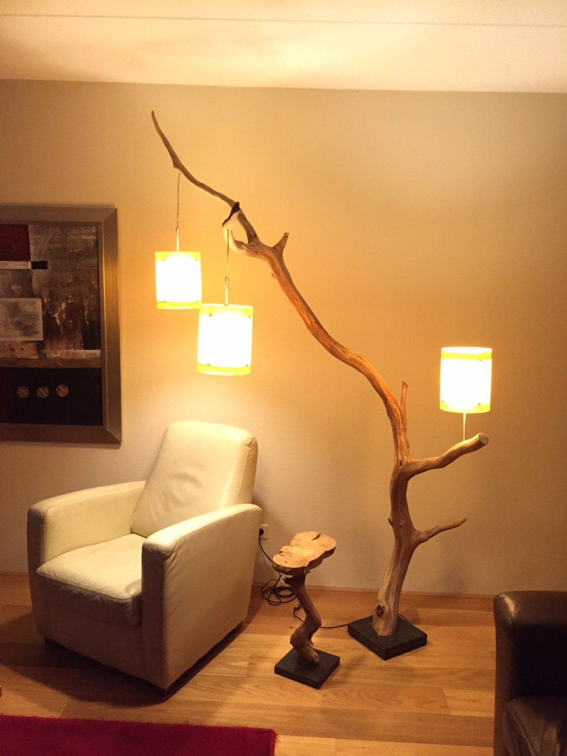 Floor lamp / arc lamp weathered old oak branch on door gbhnatureart