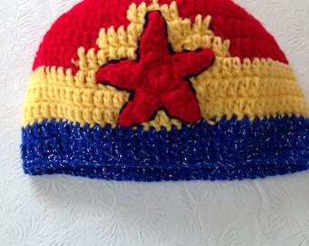 Wonder Women Hat, Crochet Beanie Hat, Wonder Women Accessories, Womens Hats, Girl's Hat, Super Girl's Hats, Superhero Hats, Wonder Woman