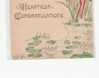 C1905 Undivided Antique Embossed Postcard Stork In Pond,Gold Trim,Fairy,Lilies Heartiest Congratulations