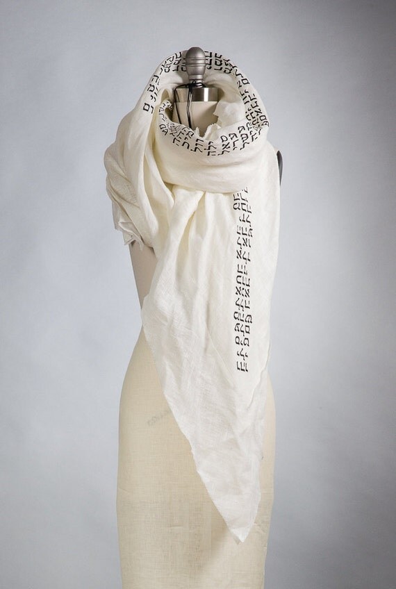 Items similar to White Linen Scarf / Hebrew letters / 72 names of God / Women's Long scarf hand