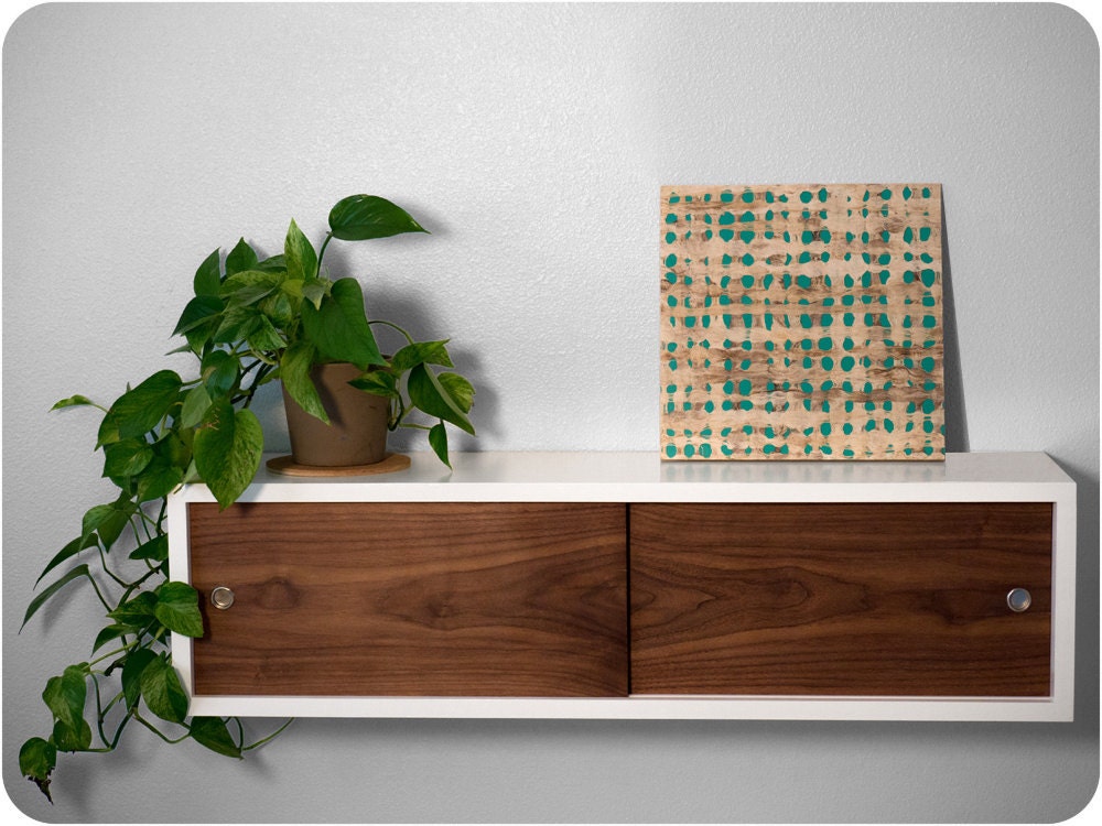 Floating Shelf White Lacquer with Walnut Sliding