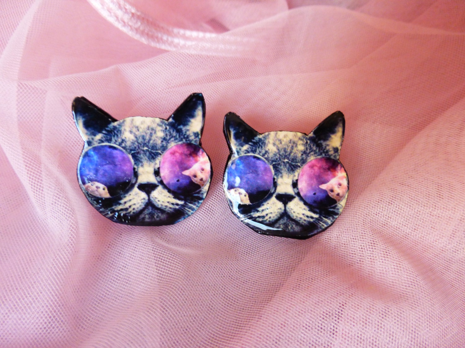 Galaxy cat stud earrings Space cat earrings Kitty earrings