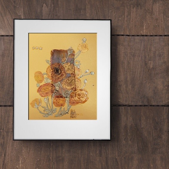 Yellow orange ranunculus - Painting on paper and fabric - mint green leaves, golden globeflowers, sunny, blue - original floral art - OOAK