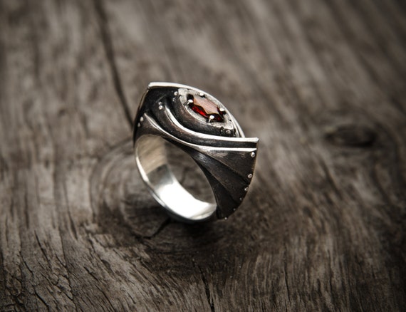 Silver Industrial Steampunk Garnet Ring "Amarendum" by GatoJewel steampunk buy now online