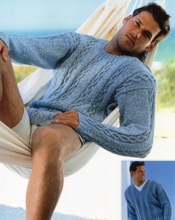 mens cable panel sweater knitting pattern round neck v neck