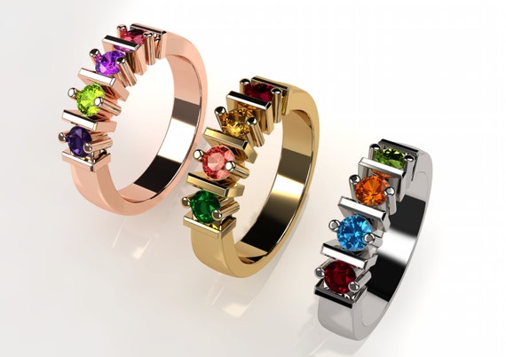 10k Personalized Mothers Straight Bar Ring Solid White Yellow Or Rose Gold  w/ 1 2 3 4 5 or 6 Birthstones Custom Family Jewelry