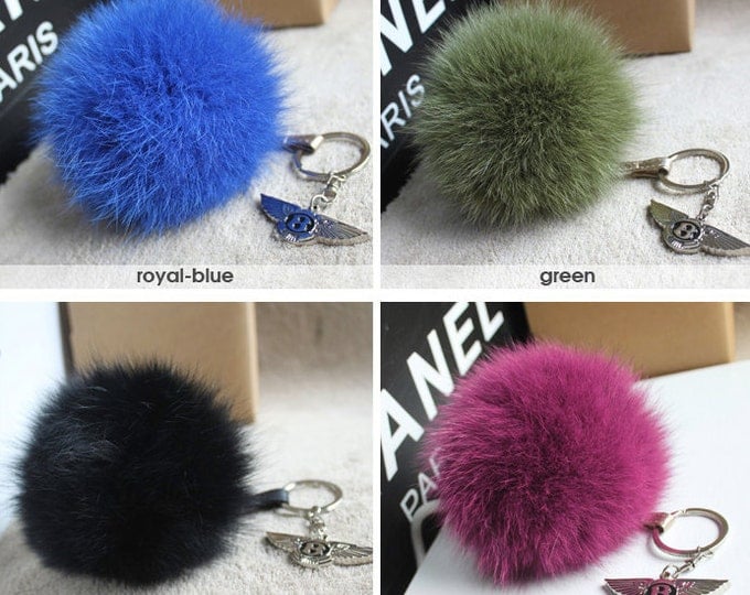 Fox fur luxury bag pendant + leather strap with buckle key ring chain bag charm accessory GREEN
