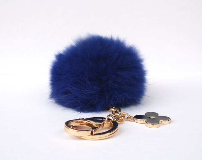 Pom-Perfect Navy Rabbit fur pom pom ball keychain or bag pendant with flower charm