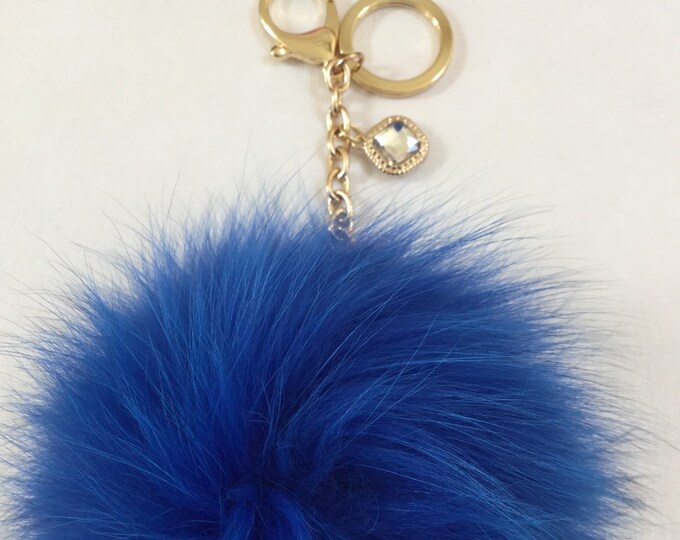 Royal Blue Fox Fur Pom Pom keychain ball luxury bag pendant with clear crystal charm