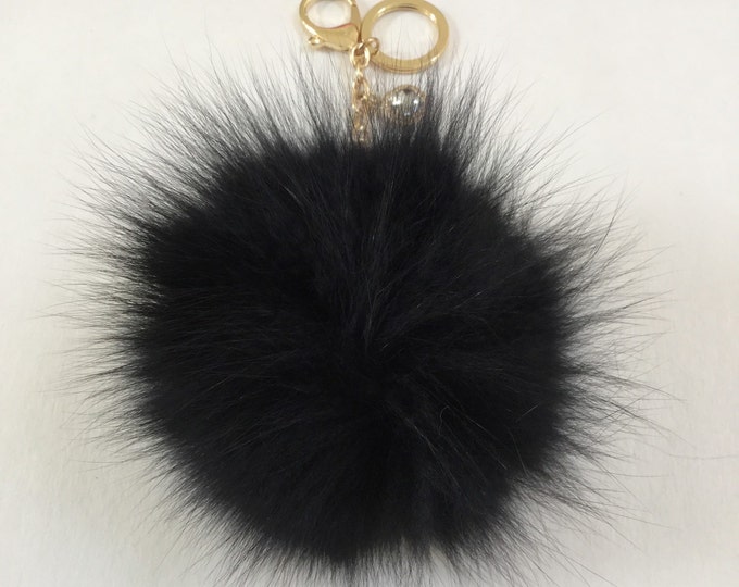 Black Fox Fur Pom Pom keychain ball luxury bag pendant with clear crystal charm