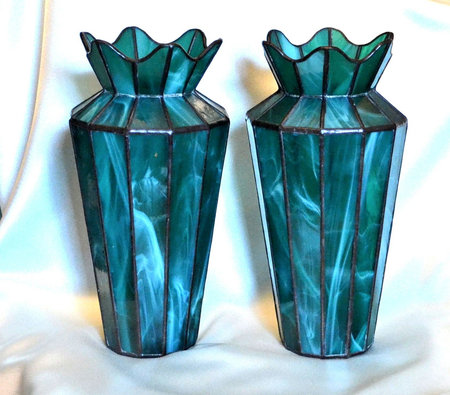 Vintage Handmade Leaded Stained Glass Vase by