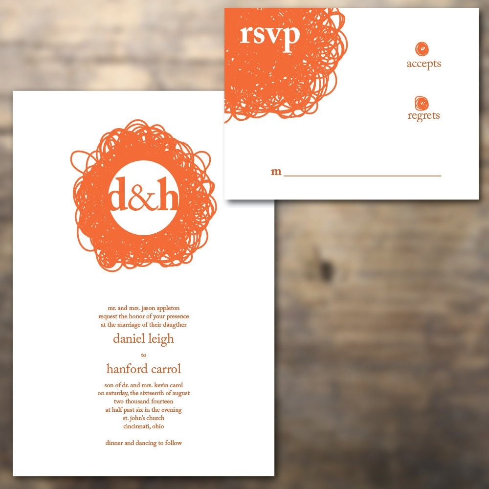 100 Modern fun 2Color Letterpress Wedding Invitations Customizable