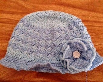 Baby Cloche Hat. Blue Crocheted Baby Hat 0-3 months