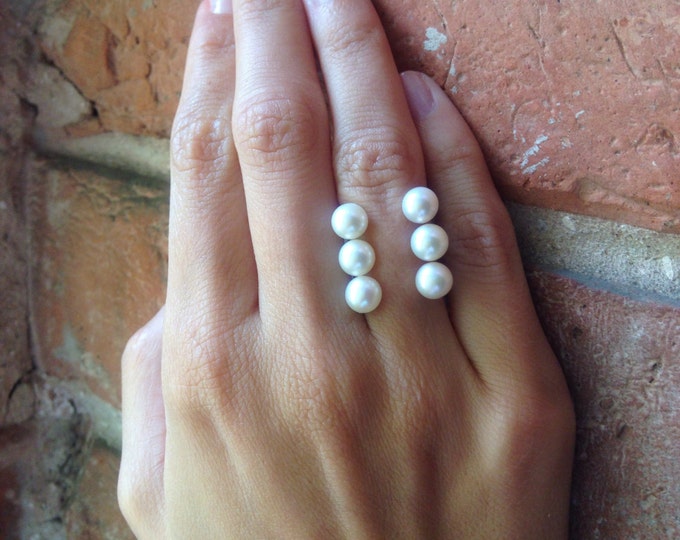 BLACK FRIDAY SALE Triple silver ring with pearls Pearl ring Triple ring Cuff ring White pearl ring Bridesmaid ring Unique Ring