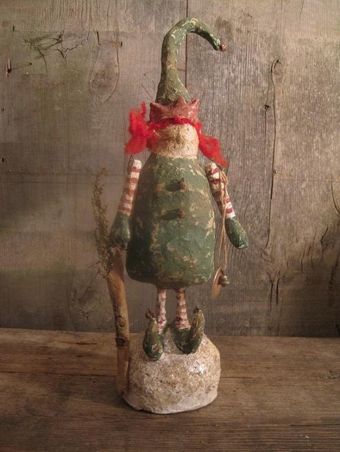 Primitive Handmade Celluclay Christmas Elf with Stocking and Bells on Her Toes