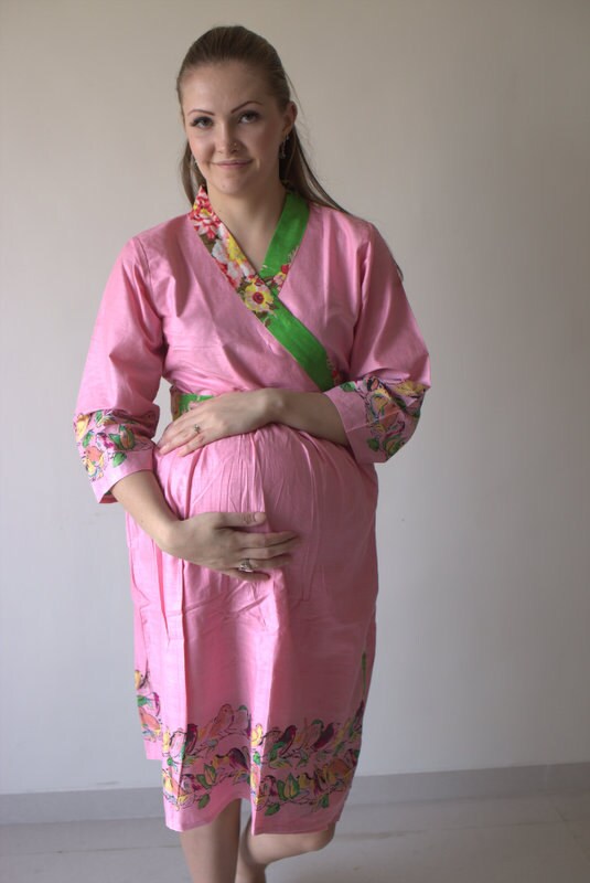 New *Wide In-Built Belt Robe* Pink Birds Knee Length Maternity Hospital Gown Delivery Robe labor gown nursing mothers to be mom Photoprops