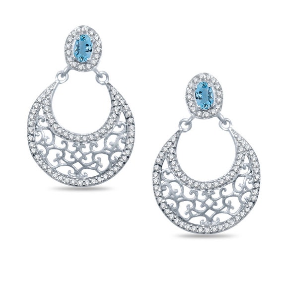 White Gold Alloy Hoop Earrings with Blue Topaz Like Gemstone and Cubic ...