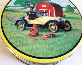 Vintage Bear Tin Box - Bears on picnic Cookie Tin Box by Fresh Beginnings Co.