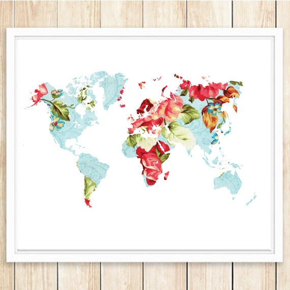 Floral World Map Poster World Map Print 16x20 And