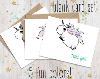 Unicorn Thank you Folded Cards - Set of 5 - Birthday Thank you - Cute Greeting Card Set - Unicorn Greetings - Wedding - FourLetterWordCards