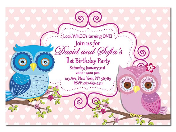 Pink Owl Girls Printable Birthday Invitation 1st Birthday