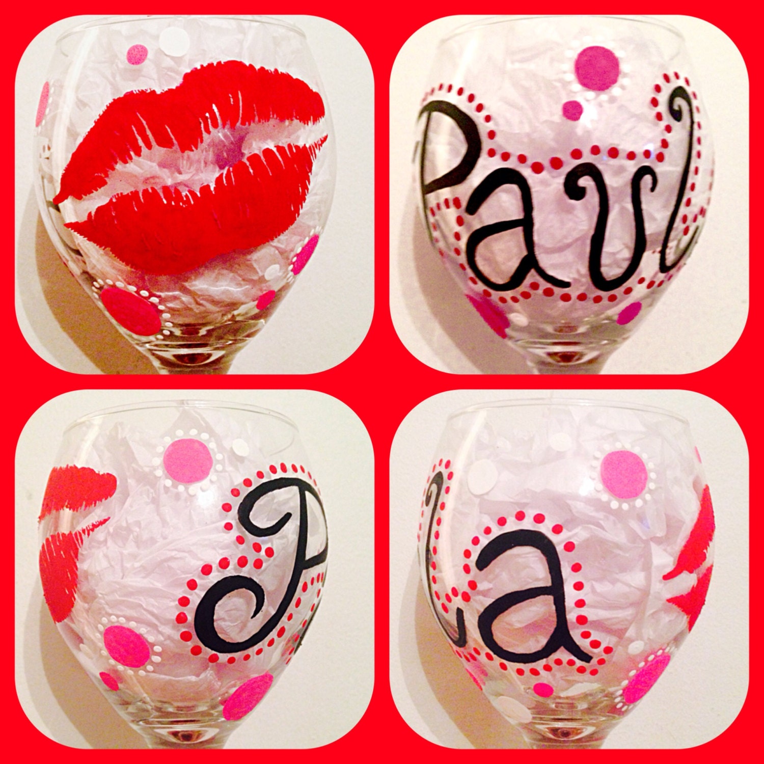 Lip Wine Glass Hand Painted Fun Bachelorette Glasses Red