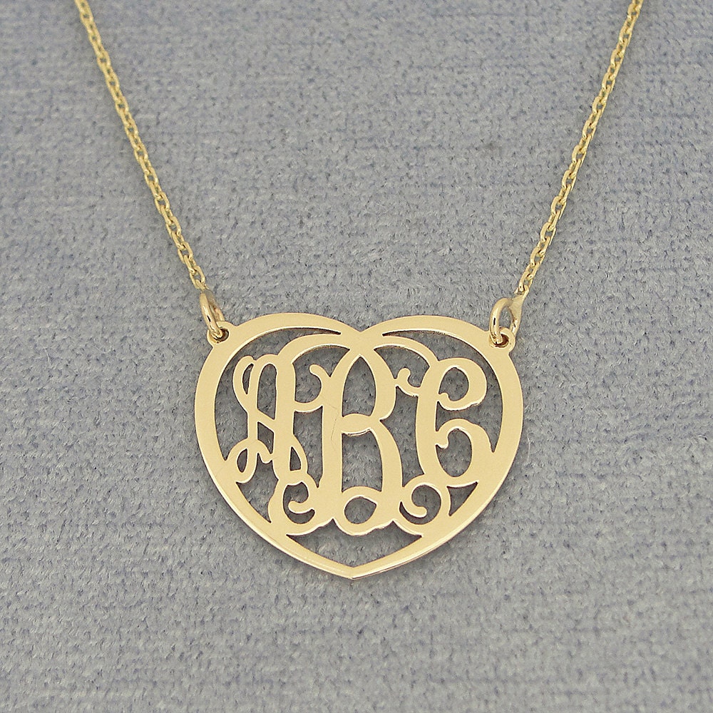 10kt or 14kt Solid Gold 3 Initials Heart Monogram Necklace 3/4