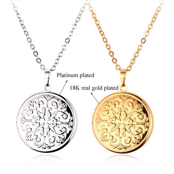locket pendant, 18k gold or platinum plated silver round necklace ...