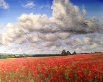 Original acrylic landscape painting, "Field of Poppies", cloud painting, field of flowers, field painting, flower painting