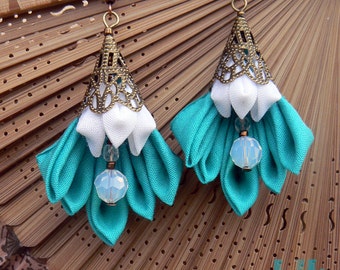 Items similar to Blue lotus dangle earrings - kanzashi inspired - clip ...