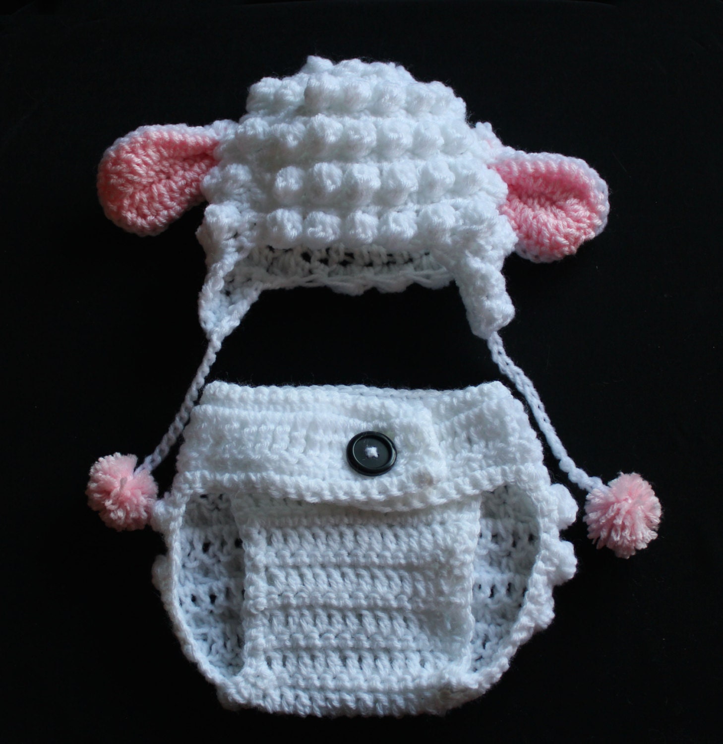 Crochet Lamb Hat/ Diaper Cover/ Bootie Set