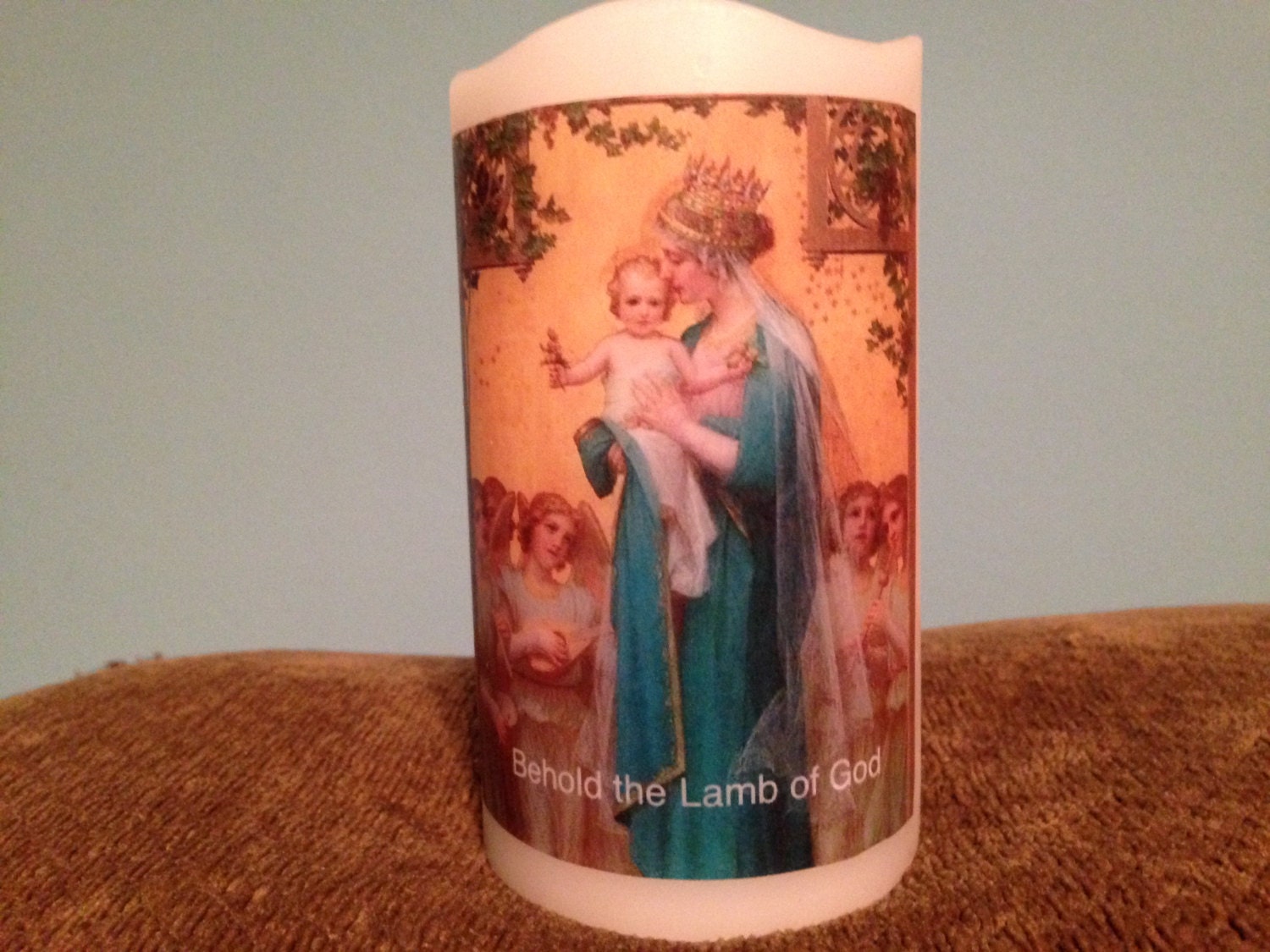 flameless pillar candle with religious vintage image flameless pillar candle with religious vintage image