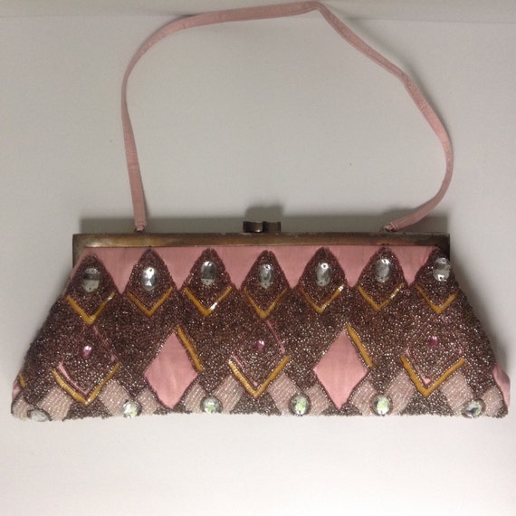 Beaded pink silk Italian designer evening purse clutch by Santi