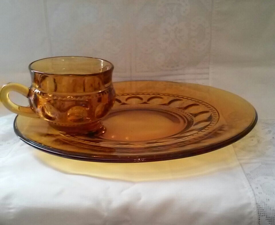 Set Of Ten Vintage Amber Glass Luncheon Plates/Cups Sold as