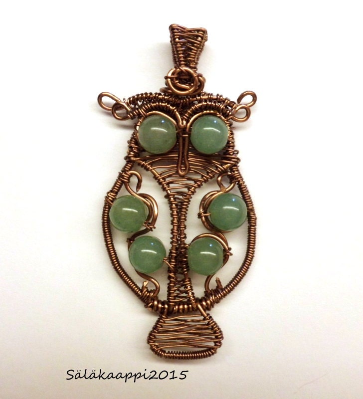 Wire Wrapped Owl Pendant Copper Aventurine by Salakaappi on Etsy