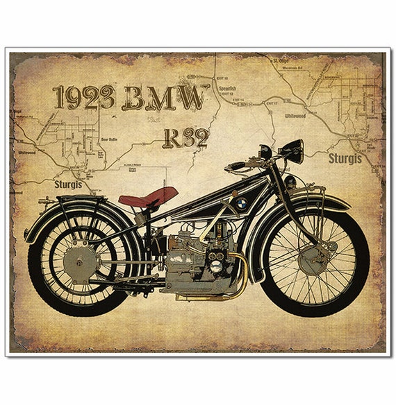 1923 BMW R32 vintage Motorcycle art print with map of Sturgis