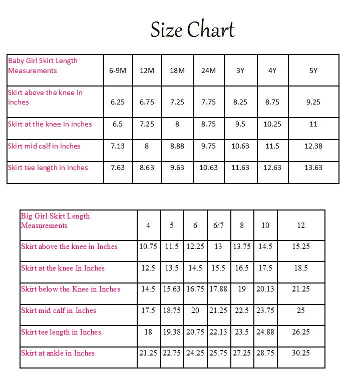 Size Chart by TulleandHook on Etsy
