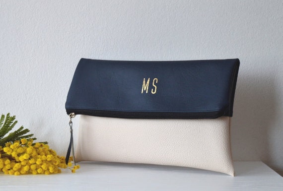 Two tone personalized clutch - Navy and cream