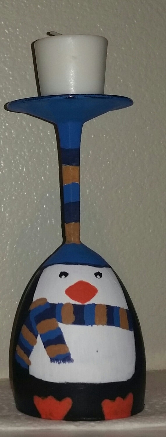 Items similar to Hand painted wine glass candle holder Penguin on Etsy