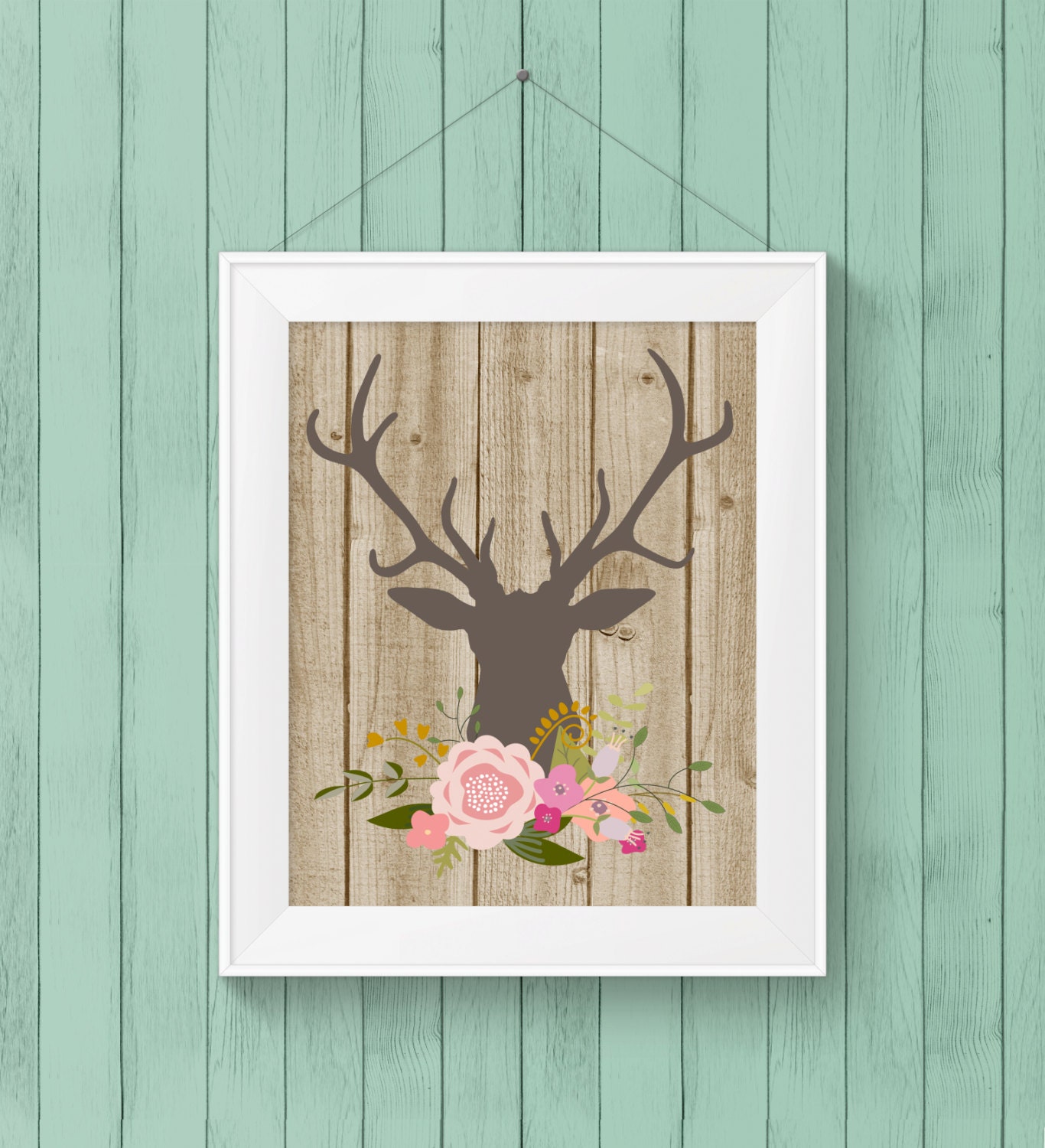 Deer Head with Flowers and Woodgrain Digital Print for Home