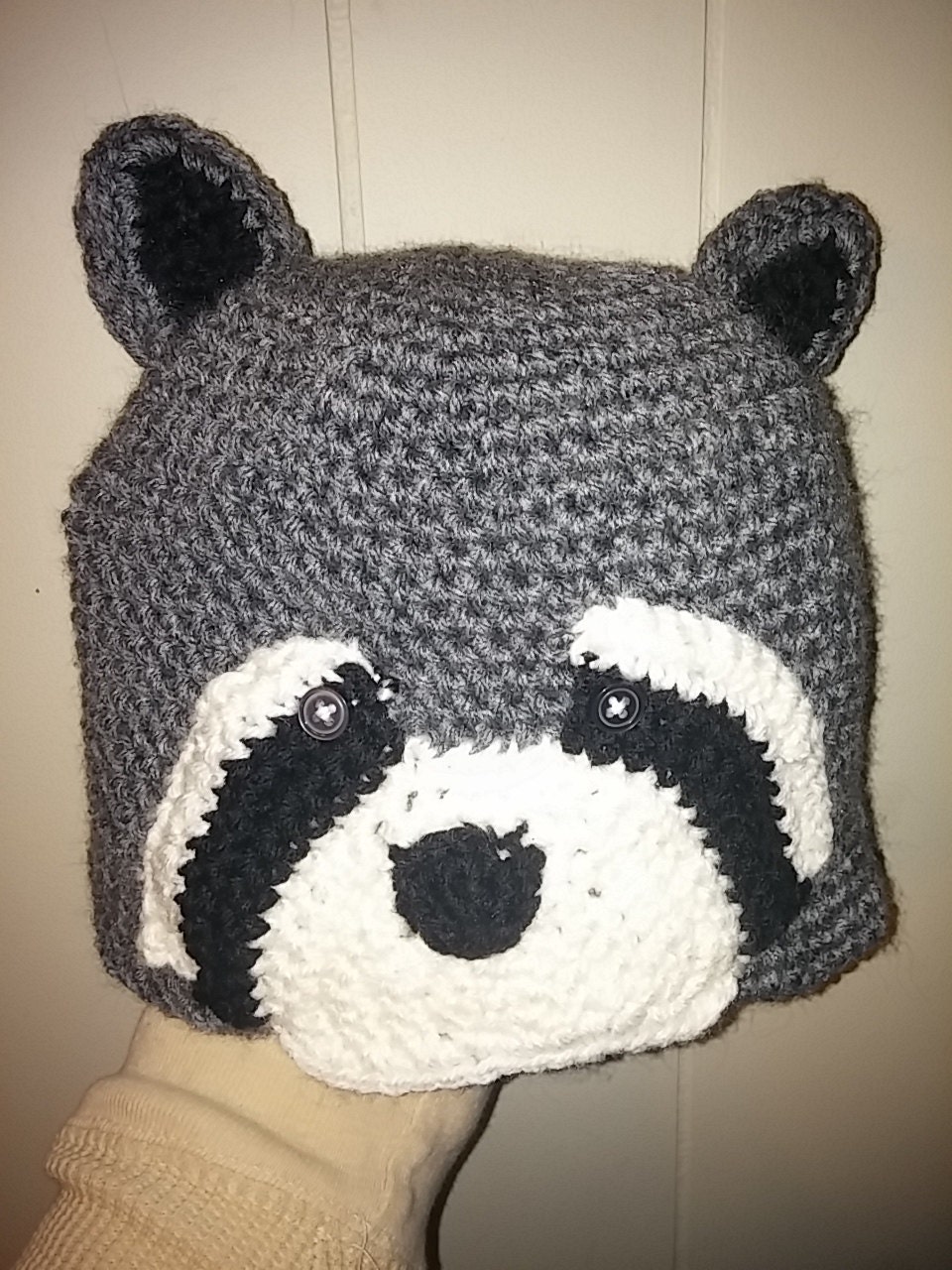 adult raccoon crocheted hat