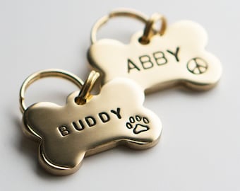 Dog Tag / Pet ID Tag, Bone Shaped Tag -Brass-, Customized, Personalized, Hand Stamped