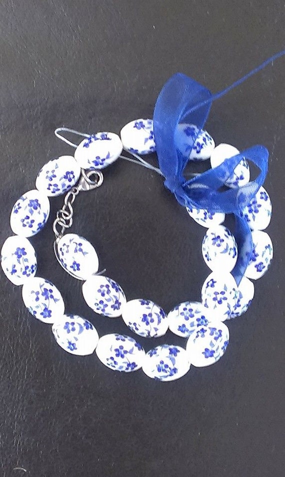 Two line bracelet,Porcelain beads,Amsterdam style bracelet,handmade white and blue bracelet,women gift,gift for her,trendy outfit accessory,