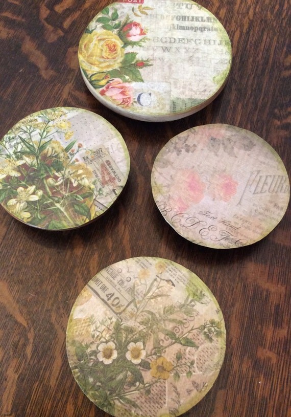 Vintage French Floral Decoupage Coasters/Handcrafted Floral