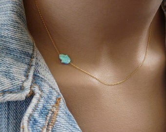 Opal hamsa necklace, Opal horizontal necklace, Blue opal necklace, Gold Fill necklace, Evil eye necklace, Opal hand necklace, Opal jewelry