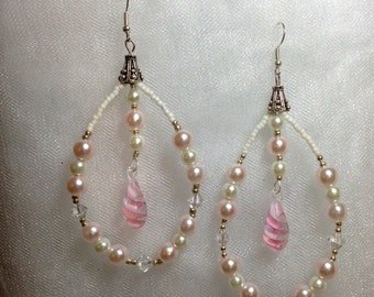 Pink and Ivory and Bicone Hoop Earrings With Pink Lamp Work Dangle