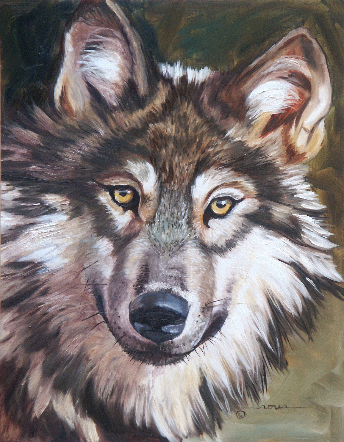 Original oil painting wolf portrait dog animal wildlife wall