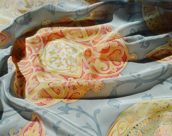 Silk Batik shawl Treasure of Kyiv Rus.Hand painted Silk. Women's silk square scarf.Gray,Light-Blue,Old Gold,Red.Exclusive Gift.Made to order
